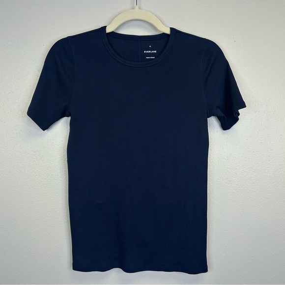 Everlane M Navy Ribbed Short Sleeve Tee Casual Supima Cotton Preppy Quiet Luxury - Picture 3 of 10